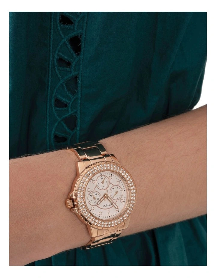 Guess Crown Jewel Multifunction Diamonds White Dial Rose Gold Steel Strap Watch For Women - GW0410L3 Buy Now By Guess