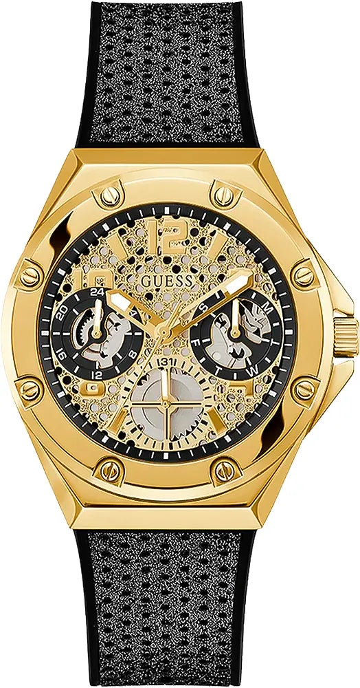 Guess Asteria Multifunction Gold Dial Black Rubber Strap Watch For Women - GW0620L2 Buy Now By Guess