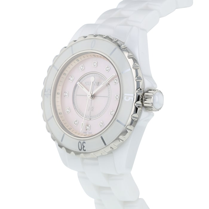Chanel J12 Quartz Diamonds Pink Dial White Steel Strap Watch for Women - J12 H5513 Buy Now By Chanel