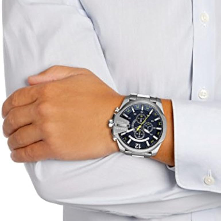Diesel Mega Chief Chronograph Blue Dial Silver Steel Strap Watch For Men - DZ4465 Buy Now By Diesel