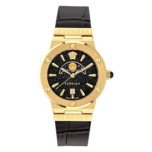 Versace Greca Moonphase Analog Black Dial Black Leather Strap Watch For Men - VE7G00123 Buy Now By Versace