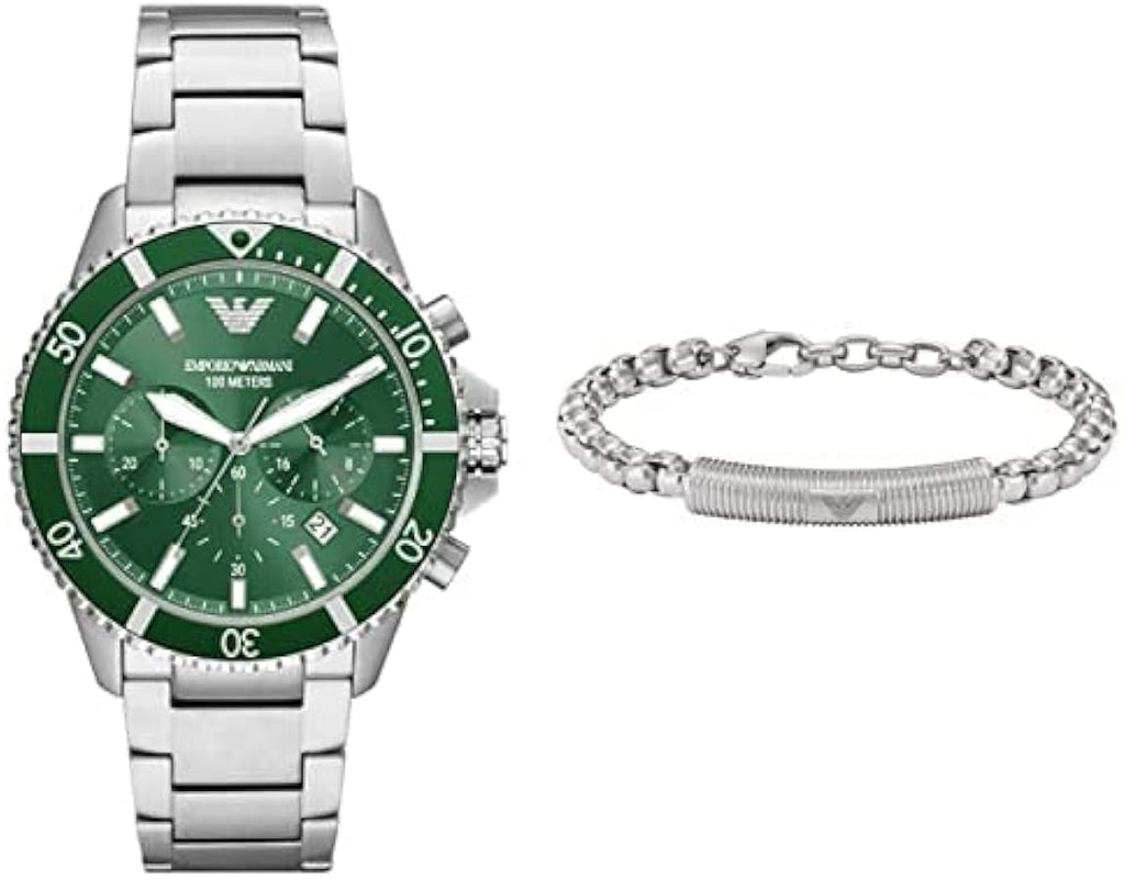 Emporio Armani Diver Chronograph Green Dial Silver Steel Strap Watch For Men - AR11500 Buy Now By Emporio Armani