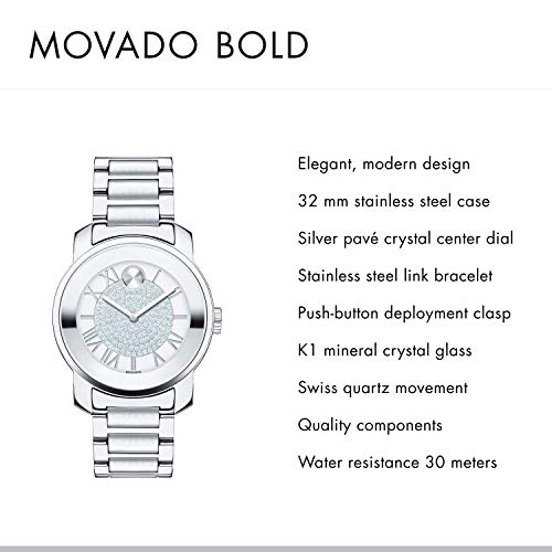 Movado Bold Crystal Pave Silver Dial Silver Steel Strap Watch for Women - 3600254 Buy Now By Movado
