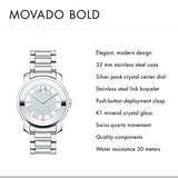 Movado Bold Crystal Pave Silver Dial Silver Steel Strap Watch for Women - 3600254 Buy Now By Movado