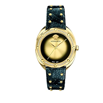 Versace Shadov Quartz Gold Dial Black Leather Strap Watch for Women - VEBM01118 Buy Now By Versace