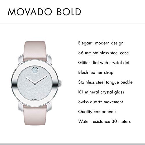 Movado Bold Glitter Silver Dial Pink Leather Strap Watch For Women - 3600522 Buy Now By Movado