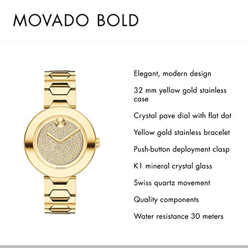 Movado Bold Crystal Gold Dial Gold Steel Strap Watch For Women - 3600492 Buy Now By Movado