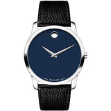 Movado Museum Blue Dial Black Leather Strap Watch For Men - 607013 Buy Now By Movado