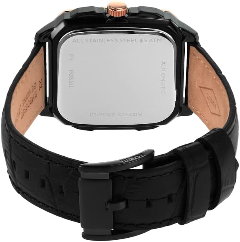 Fossil Inscription Automatic Skeleton Rose Gold Dial Black Leather Strap Watch for Men - BQ2572 Buy Now By Fossil