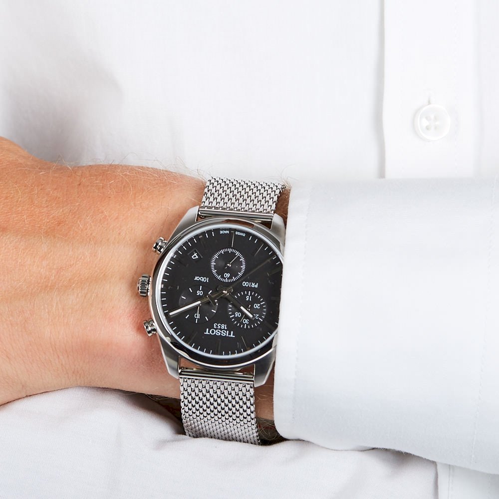 Tissot PR 100 Chronograph Black Dial Silver Mesh Bracelet Watch For Men - T101.417.11.051.01 Buy Now By Tissot