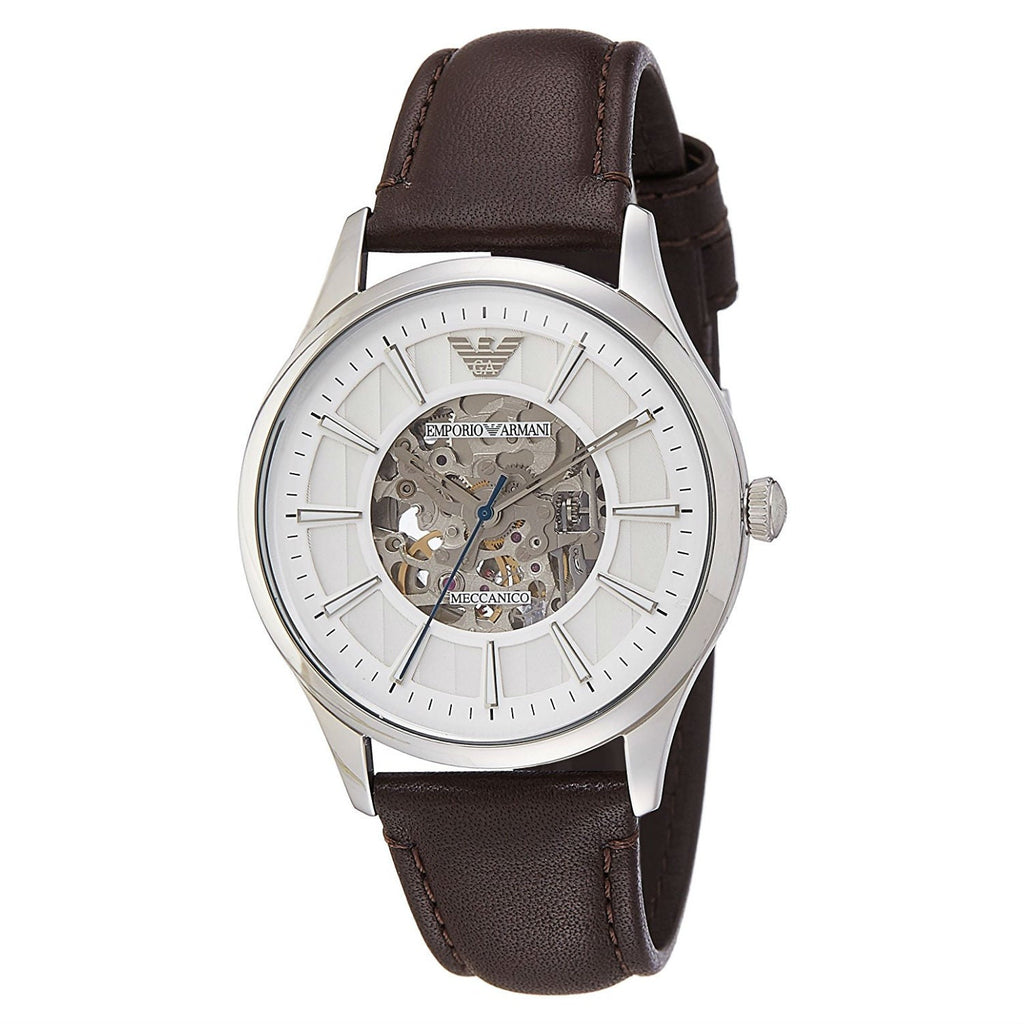 Emporio Armani Meccanico White Dial Brown Leather Strap Watch For Men - AR1946 Buy Now By Emporio Armani