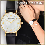 Emporio Armani Gianni T-Bar Quartz Mother of Pearl Dial Black Leather Strap Watch For Women - AR1910 Buy Now By Emporio Armani