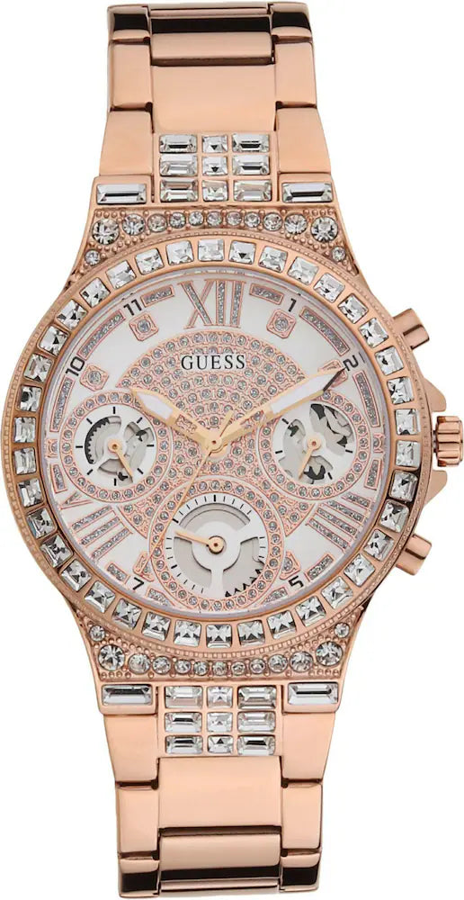 Guess Moonlight Multi Function Diamonds White Dial Rose Gold Steel Strap Watch for Women - GW0320L3 Buy Now By Guess