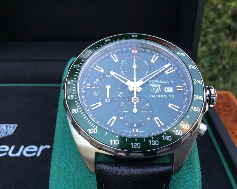 Tag Heuer Formula 1 Calibre 16 Automatic Chronograph Green Dial Black Leather Strap Watch for Men - CAZ2016.FC6473 Buy Now By Tag Heuer
