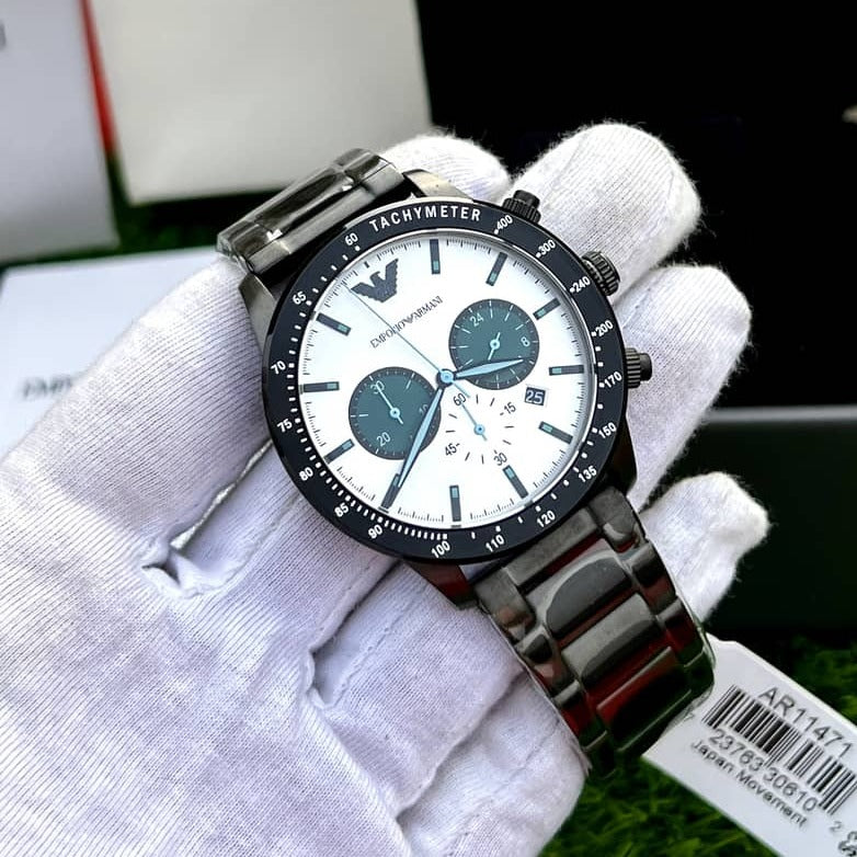 Emporio Armani Mario Chronograph White Dial Black Steel Strap Watch For Men - AR11471 Buy Now By Emporio Armani
