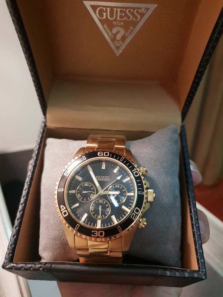 Guess Chaser Chronograph Black Dial Rose Gold Steel Strap Watch for Men - W0170G3 Buy Now By Guess