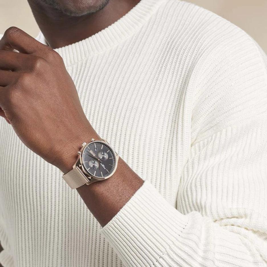 Hugo Boss Associate Black Dial Rose Gold Mesh Bracelet Watch for Men - 1513806 Buy Now By Hugo Boss