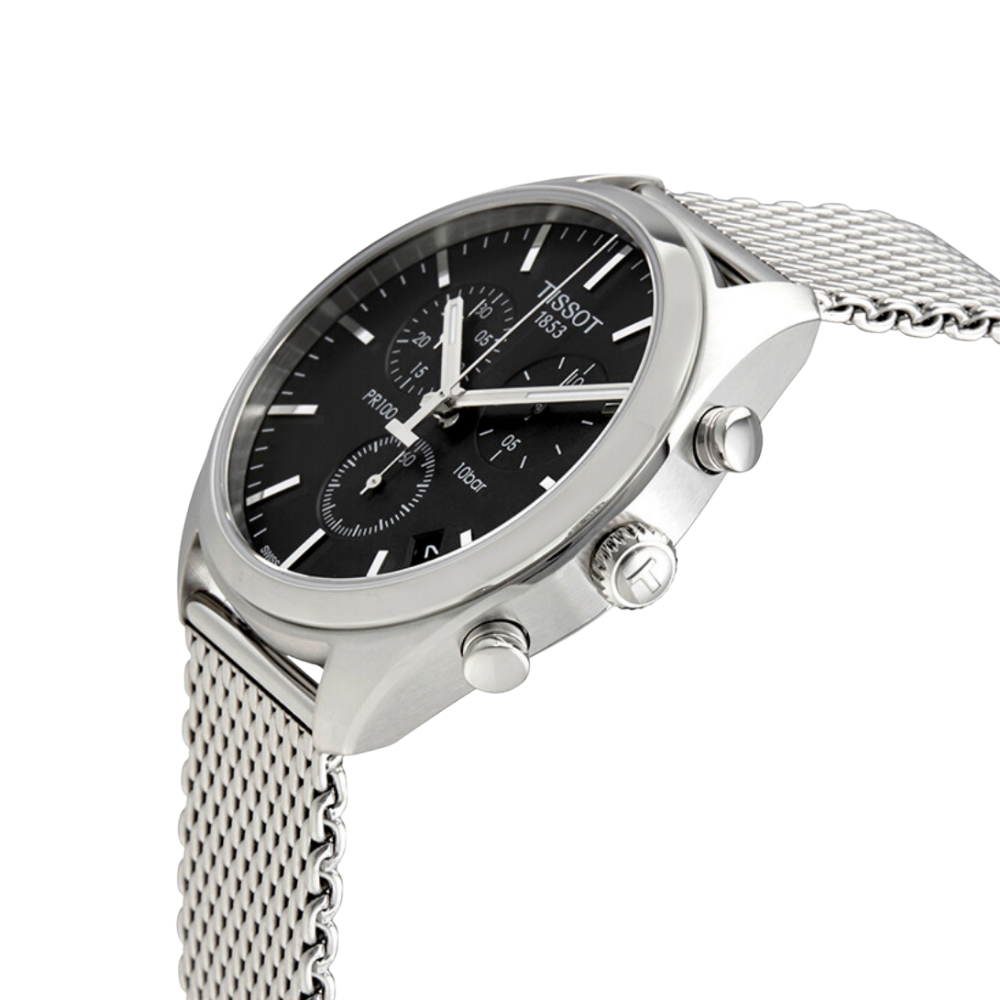 Tissot PR 100 Chronograph Black Dial Silver Mesh Bracelet Watch For Men - T101.417.11.051.01 Buy Now By Tissot