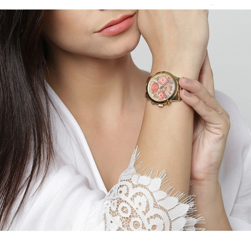 Guess Mini Sunrise Quartz Analog Orange Dial Gold Steel Strap Watch For Women - W0448L7 Buy Now By Guess