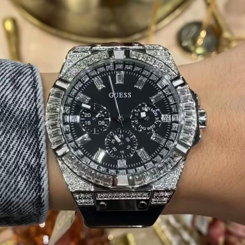 Guess Baguette Crystals Black Dial Black Silicone Strap Watch For Men - GW0208G1 Buy Now By Guess