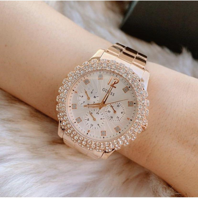 Guess Dazzler Diamonds Silver Dial Rose Gold Steel Strap Watch for Women - W0335L3 Buy Now By Guess