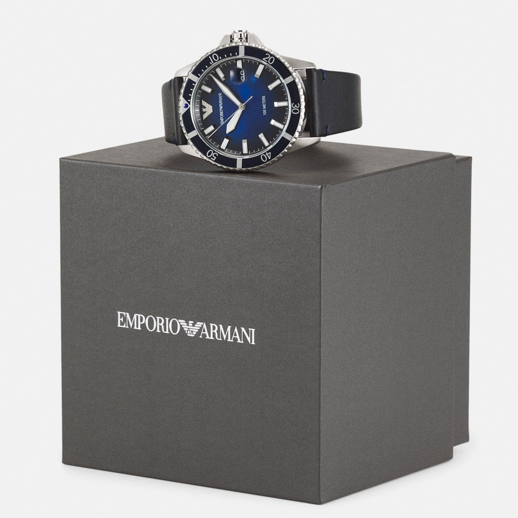 Emporio Armani Diver Three-Hand Quartz Blue Dial Blue Leather Strap Watch For Men - AR11516 Buy Now By Emporio Armani