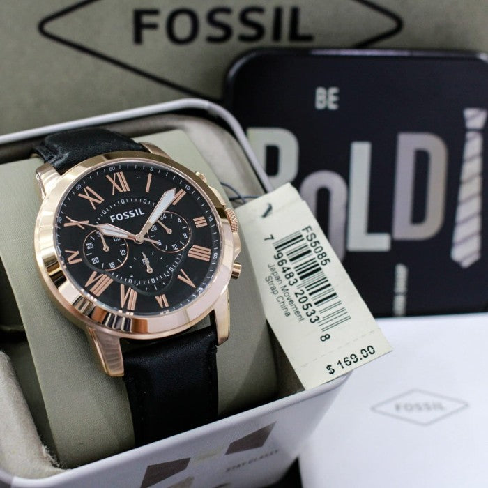Fossil Grant Chronograph Grey Dial Black Leather Strap Watch for Men - FS5085 Buy Now By Fossil