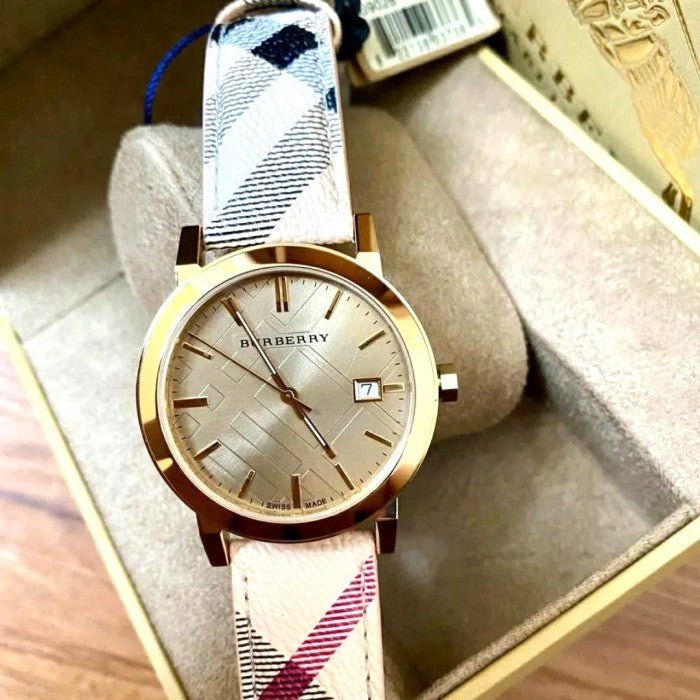 Burberry The City Gold Dial Haymarket Brown Leather Strap Watch for Women - BU9026 Buy Now By Burberry