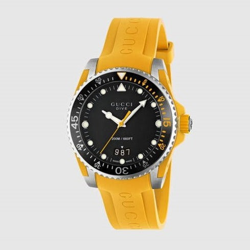 Gucci Dive Black Dial Yellow Rubber Strap Watch For Men - YA136319 Buy Now By Gucci