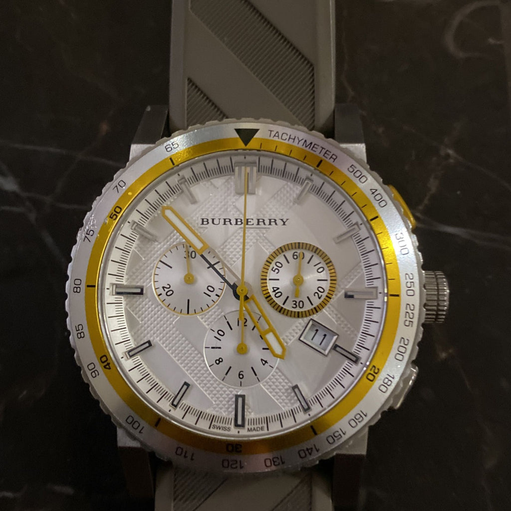 Burberry Belt Chronograph Silver Dial Brown Rubber Strap Watch For Men - BU9811 Buy Now By Burberry