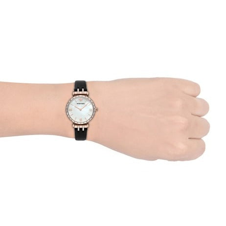 Emporio Armani Gianni T-Bar Mother of Pearl Dial Black Leather Strap Watch For Women - AR11295 Buy Now By Emporio Armani