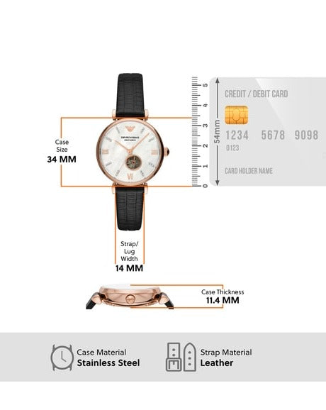 Emporio Armani Gianni T Bar Mother of Pearl White Dial Black Leather Strap Watch For Women - AR60047 Buy Now By Emporio Armani