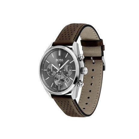 Hugo Boss Grand Prix Grey Dial Brown Leather Strap Watch for Men - 1513476 Buy Now By Hugo Boss