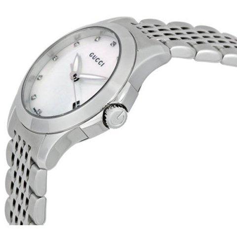 Gucci G Timeless Diamonds Mother of Pearl Dial Silver Steel Strap Watch For Women - YA126504 Buy Now By Gucci