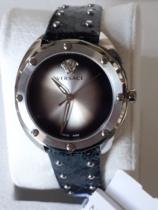 Versace Shadov Quartz Silver Dial Black Snake Leather Strap Watch for Women - VEBM00118 Buy Now By Versace