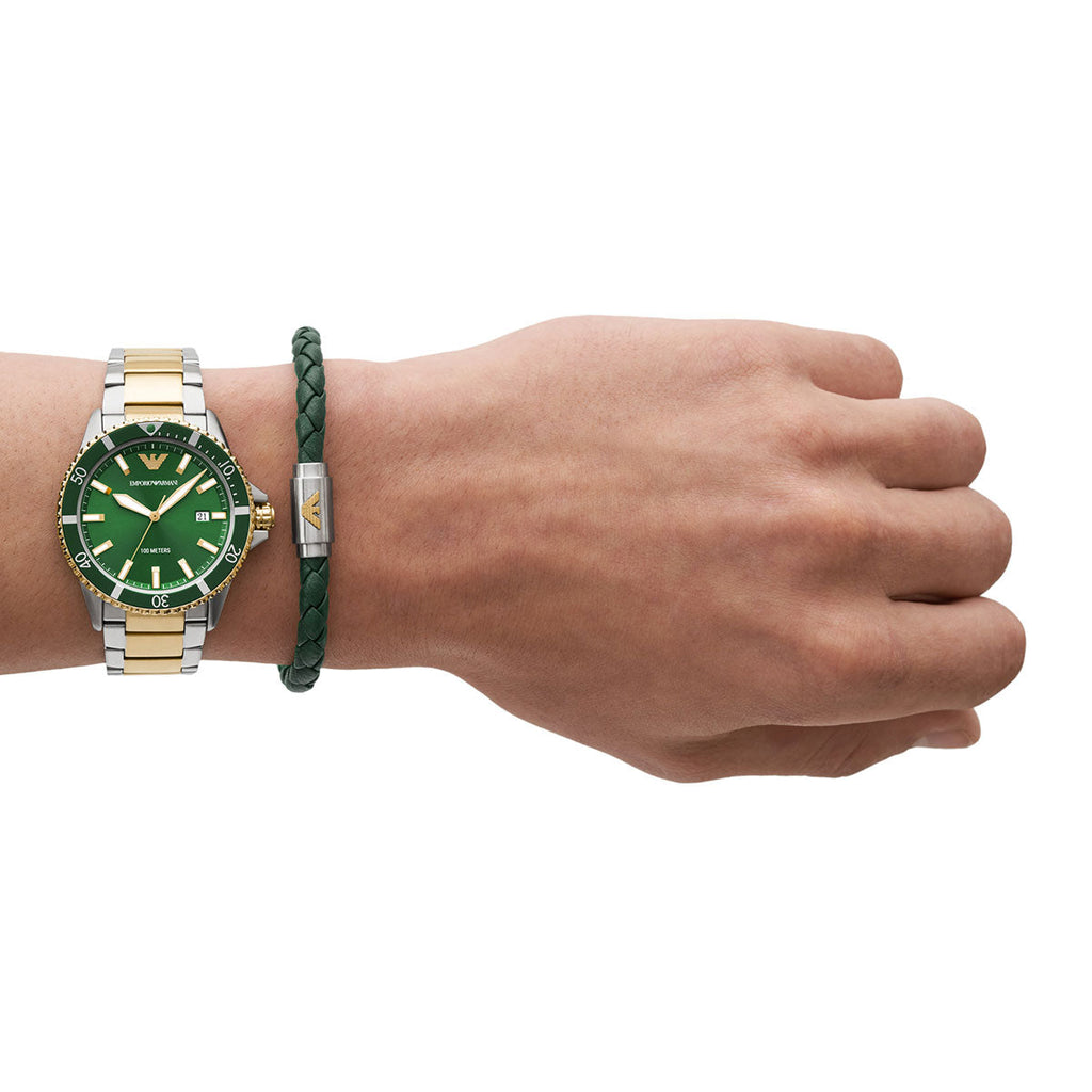 Emporio Armani Diver Chronograph Green Dial Two Tone Steel Strap Watch For Men - AR80063 Buy Now By Emporio Armani