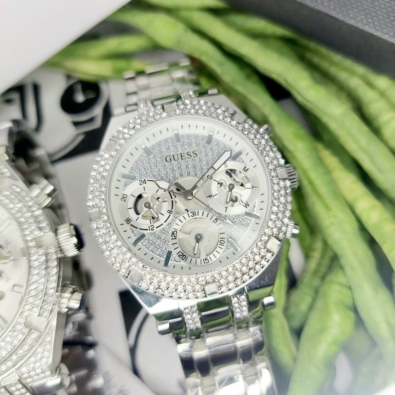 Guess Multi Function Diamonds Silver Dial Silver Steel Strap Watch For Men - GW0455G1 Buy Now By Guess