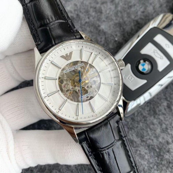 Emporio Armani Meccanico Silver Skeleton Dial Black Leather Strap Watch For Men - AR2072 Buy Now By Emporio Armani