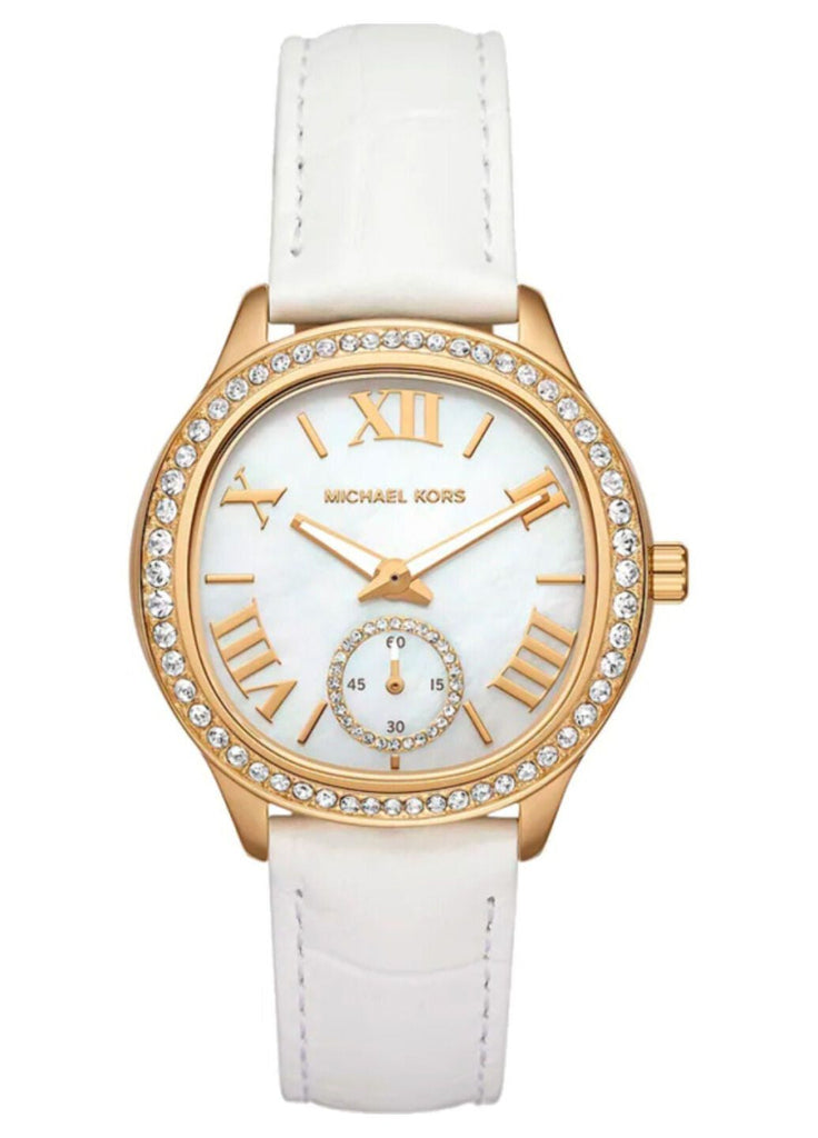 Michael Kors Sage Three-Hand Mother of Pearl White Dial White Leather Strap Watch for Women - MK4818 Buy Now By Michael Kors