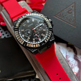 Guess Mainline Multifunction Crystals Black Dial Red Silicone Strap Watch For Men - GW0208G6 Buy Now By Guess