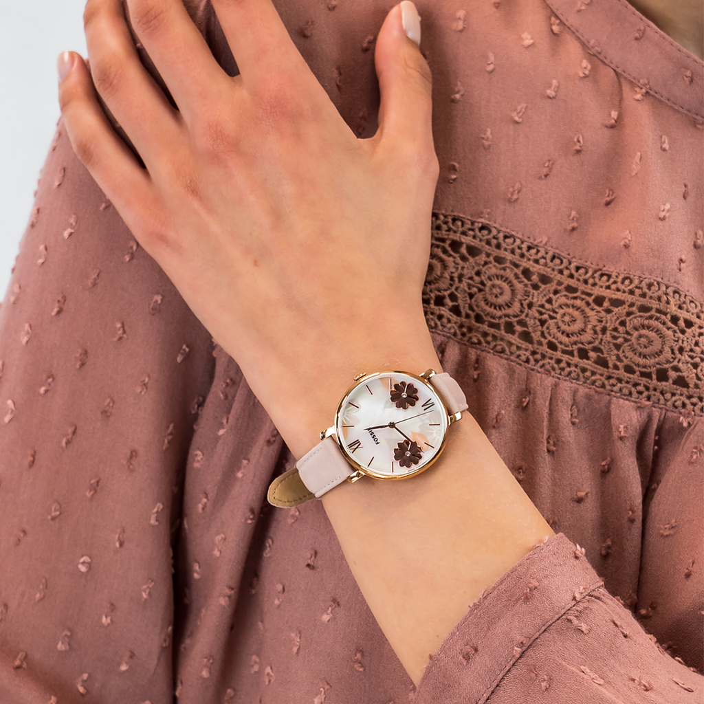Fossil Jacqueline Three Hand Mother of Pearl Dial Pink Leather Strap Watch for Women - ES4671 Buy Now By Fossil