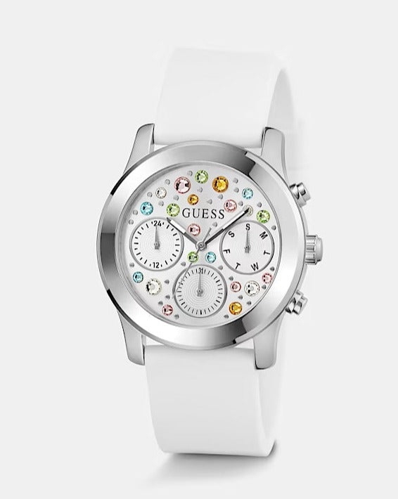 Guess Wanderlust Crystals Silver Dial White Rubber Strap Watch for Women - W1059L1 Buy Now By Guess