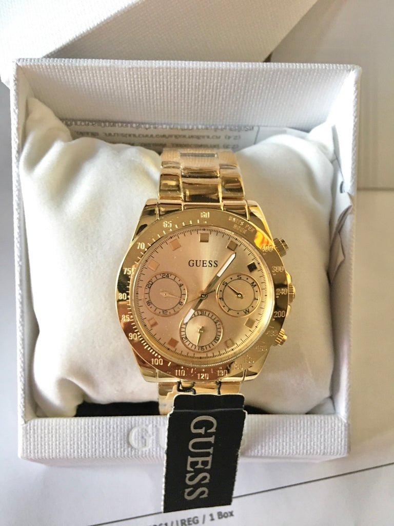 Guess Crystal Multifunction Gold Dial Gold Steel Strap Watch for Women - W0778L2 Buy Now By Guess