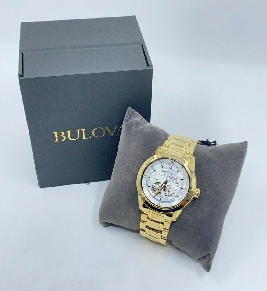 Bulova BVA Skeleton Silver Dial Gold Steel Strap Watch for Men - 97A108 Buy Now By Bulova
