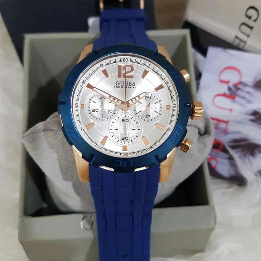 Guess Caliber Chronograph White Dial Blue Silicone Strap Watch for Men - W0864G5 Buy Now By Guess