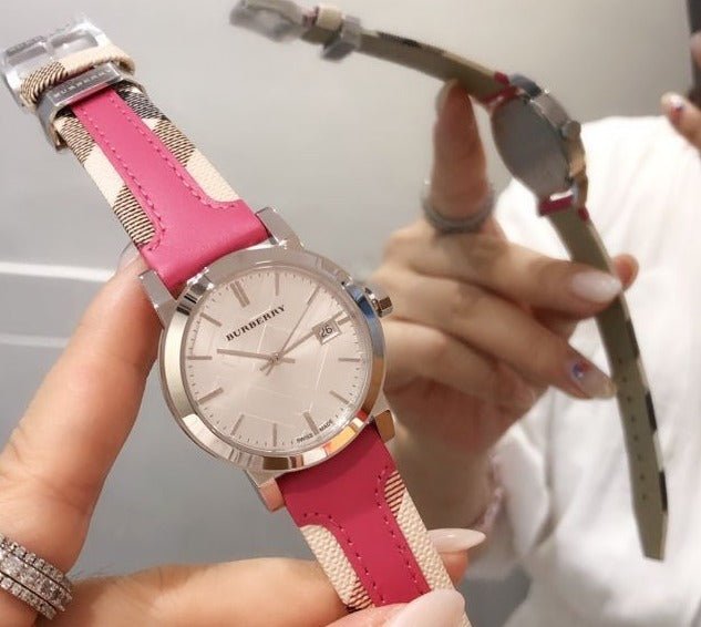 Burberry The City White Dial Haymarket Pink Leather Strap Watch for Women - BU9149 Buy Now By Burberry