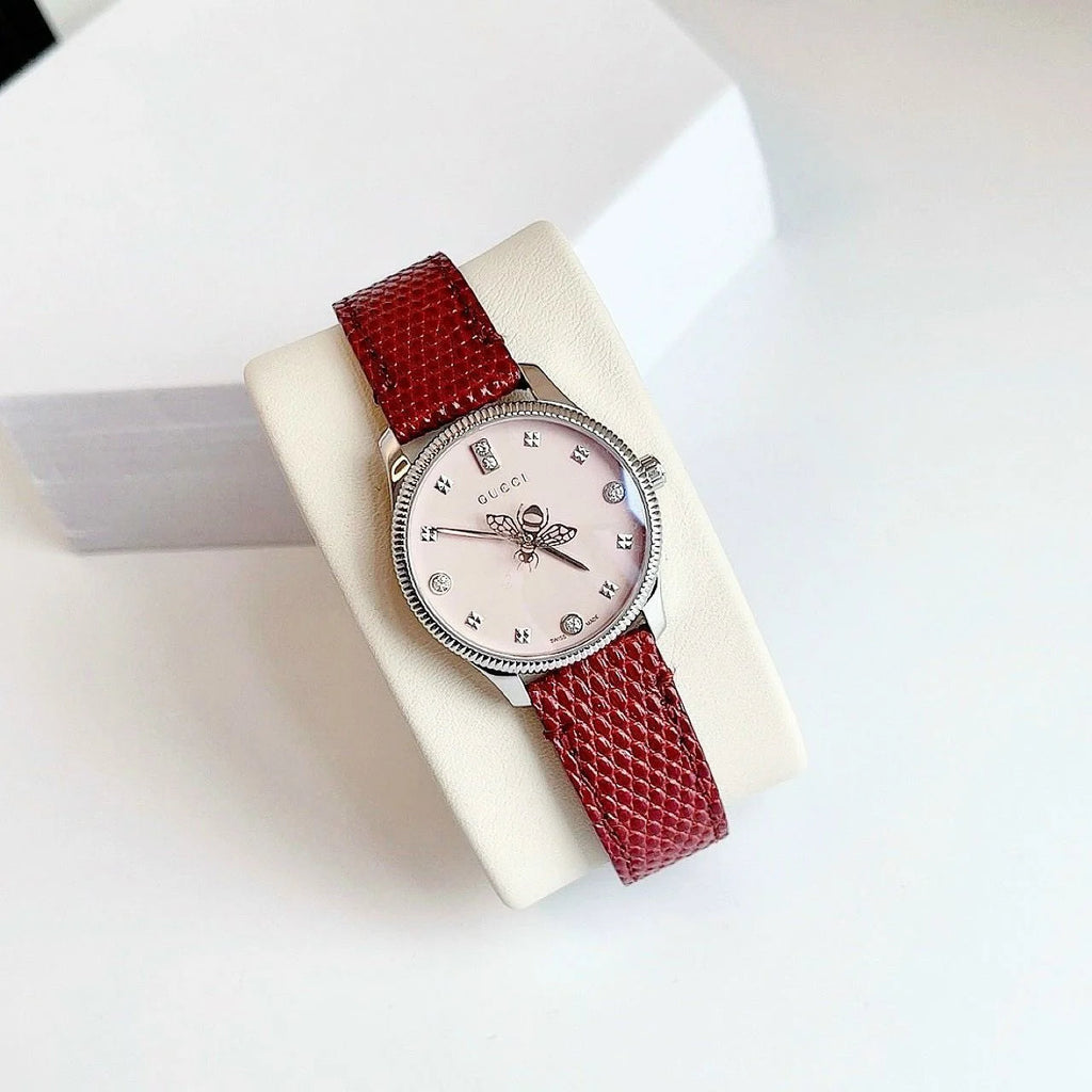 Gucci G Timeless Quartz Diamonds Pink Dial Red Leather Strap Watch For Women - YA1265017 Buy Now By Gucci