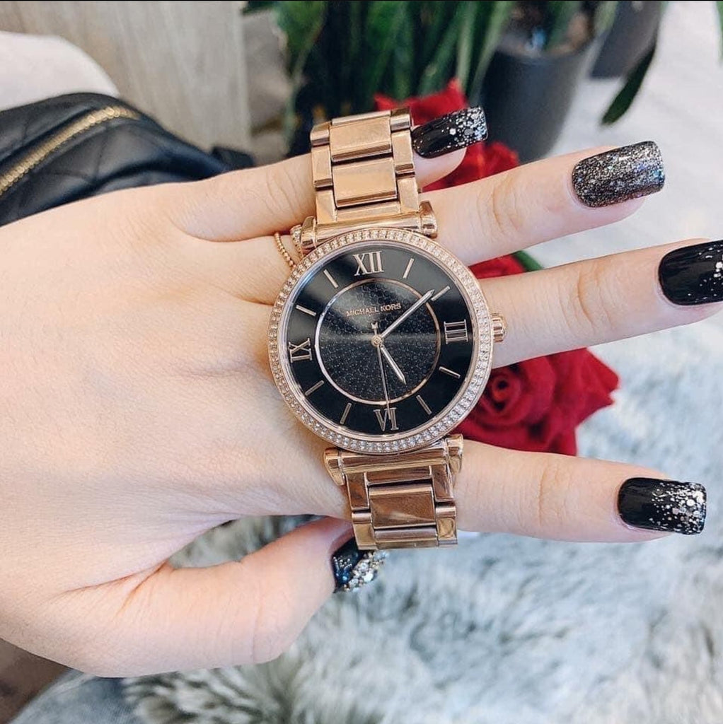 Michael Kors Catlin Black Diamonds Dial Rose Gold Steel Strap Watch for Women - MK3356 Buy Now By Michael Kors