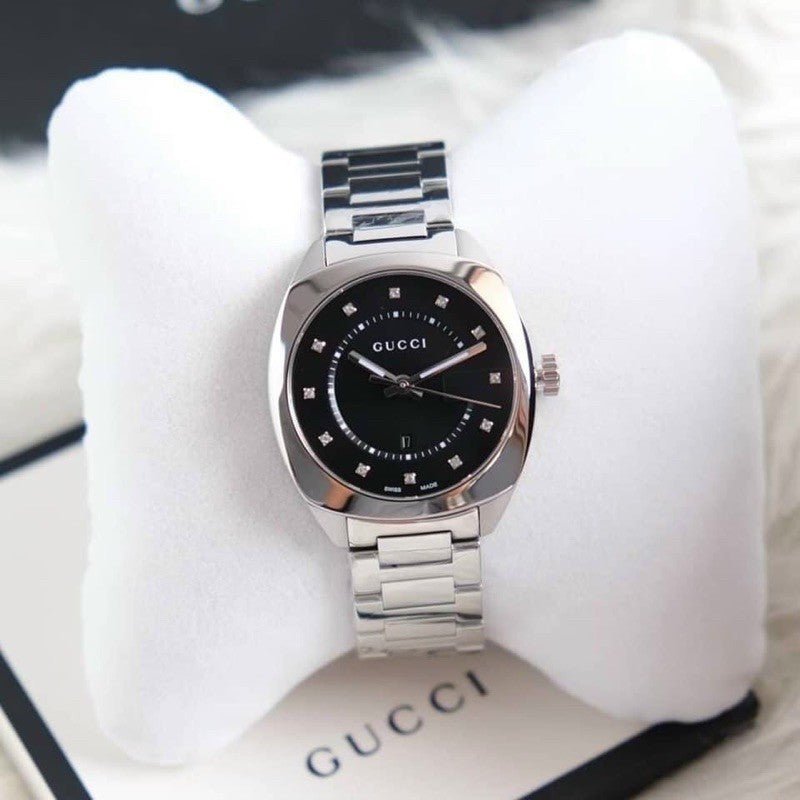 Gucci GG2570 Diamonds Black Dial Silver Steel Strap Watch For Women - YA142404 Buy Now By Gucci