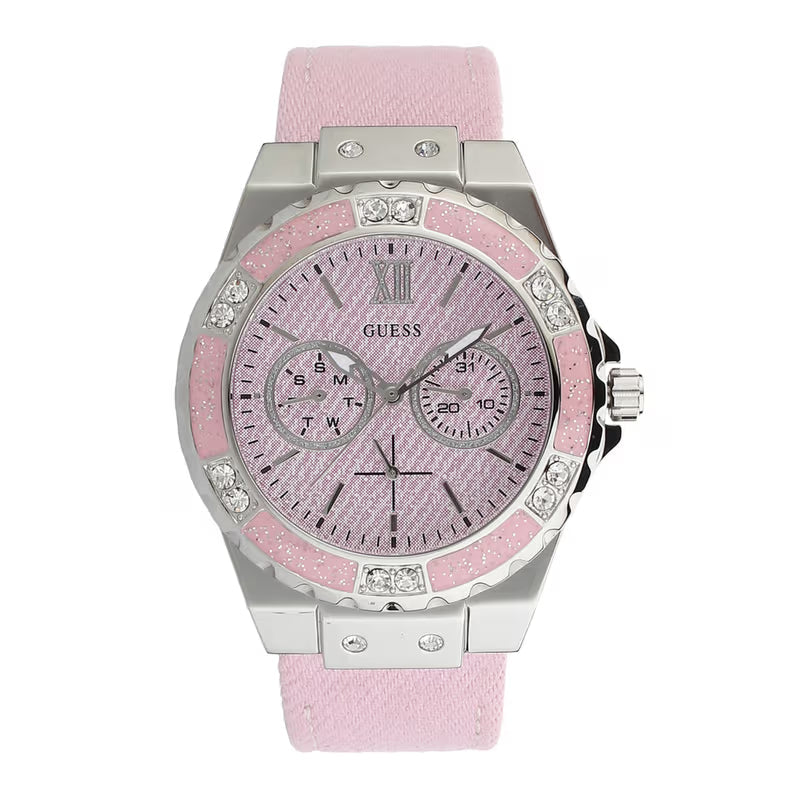 Guess Limelight Quartz Diamonds Pink Dial Pink Denim Strap Watch For Women - W0775l15 Buy Now By Guess